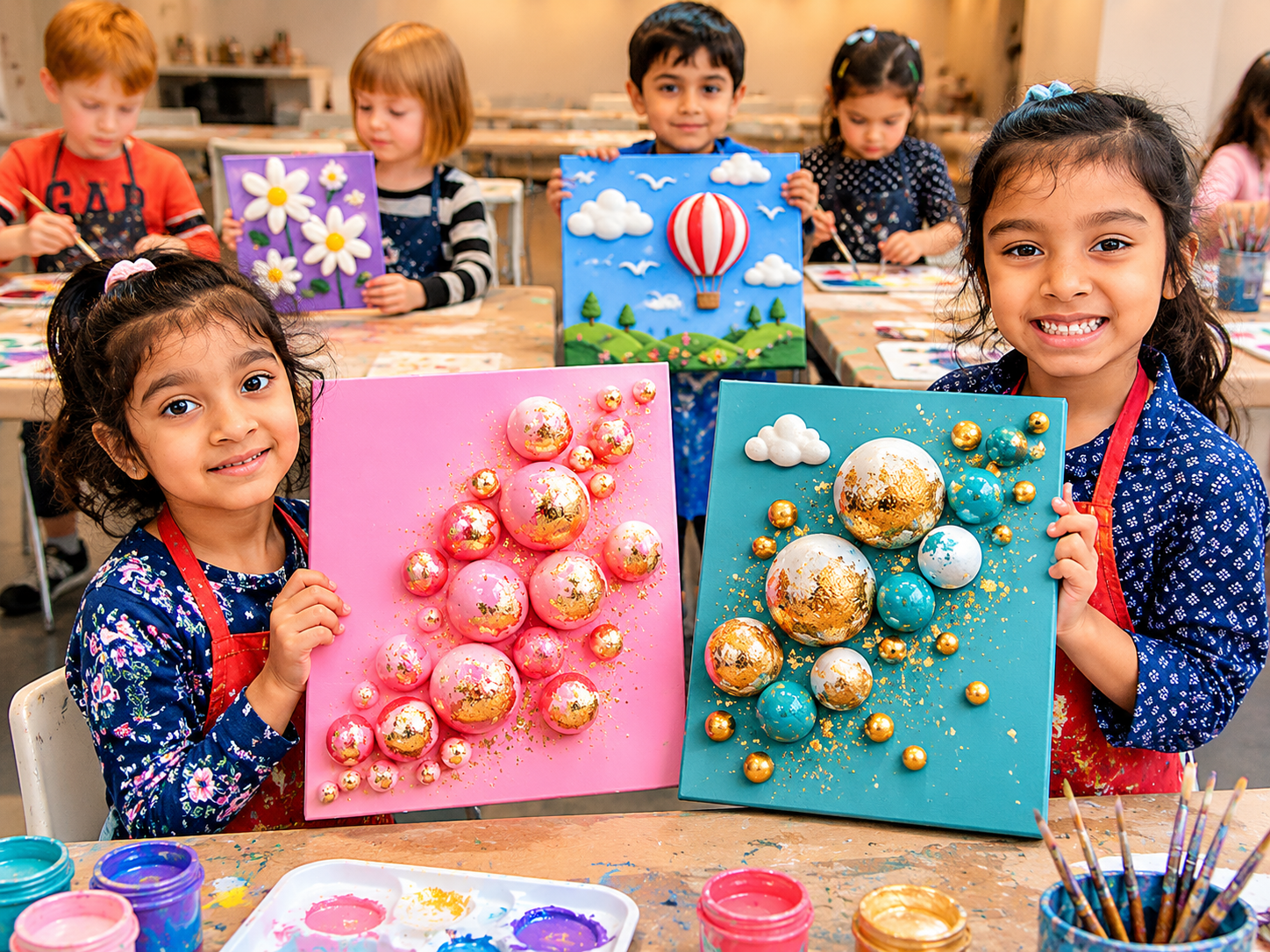Kids art workshop result — textured canvas from a Bubble Brush party in the GTA